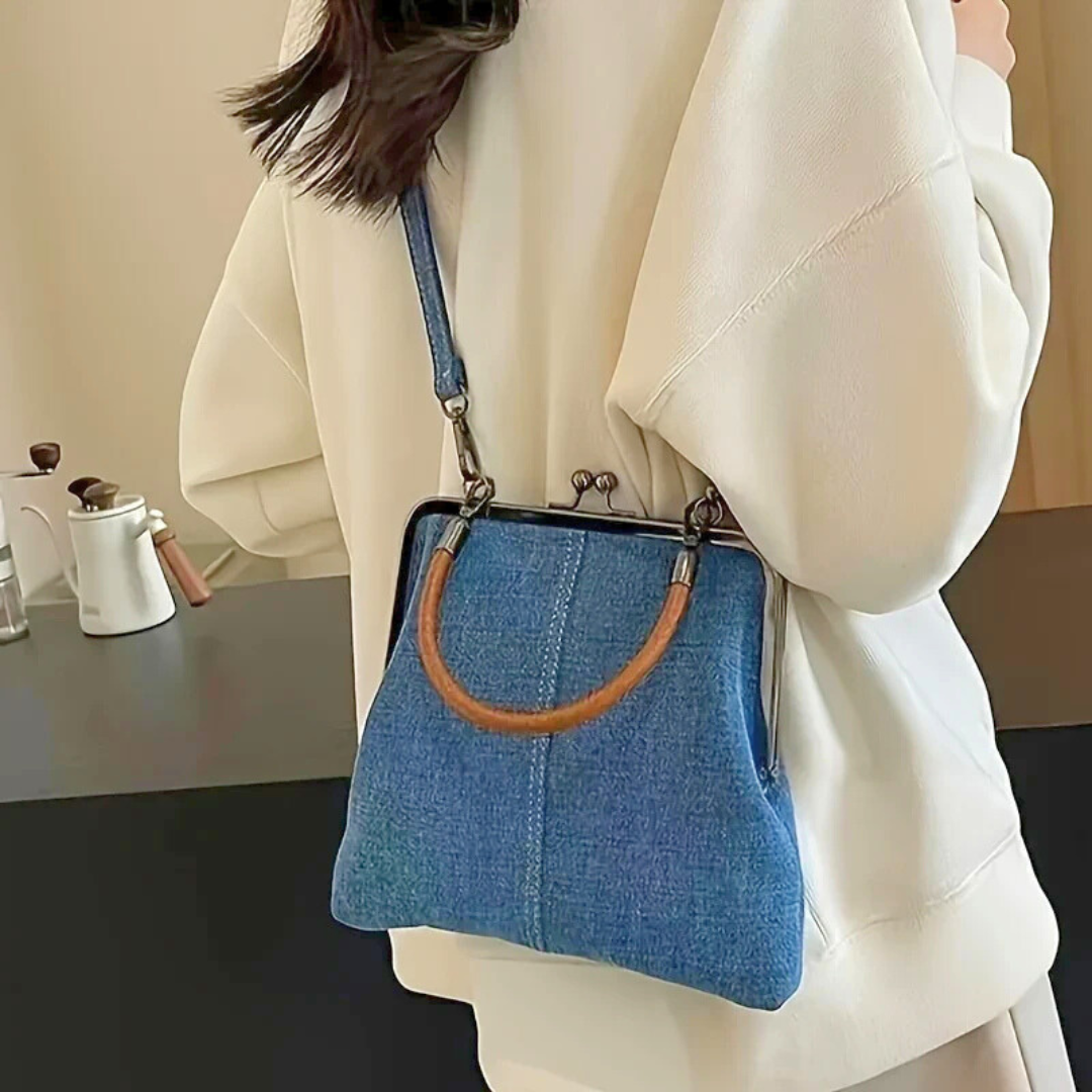 Women's Frame Top Handbag with Denim Body and Leather Handle