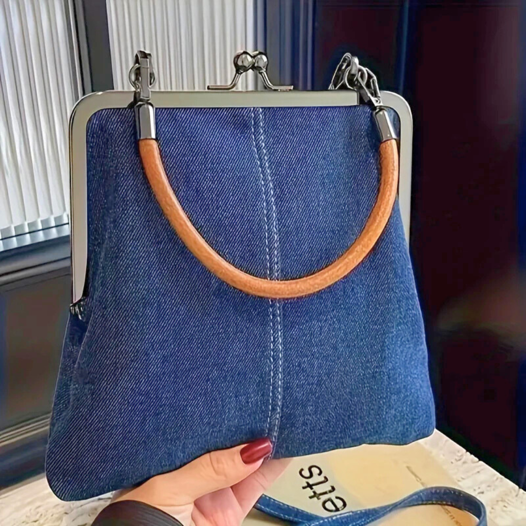 Women's Frame Top Handbag with Denim Body and Leather Handle