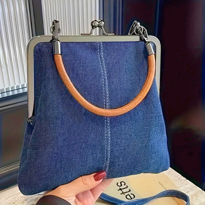 Women's Frame Top Handbag with Denim Body and Leather Handle