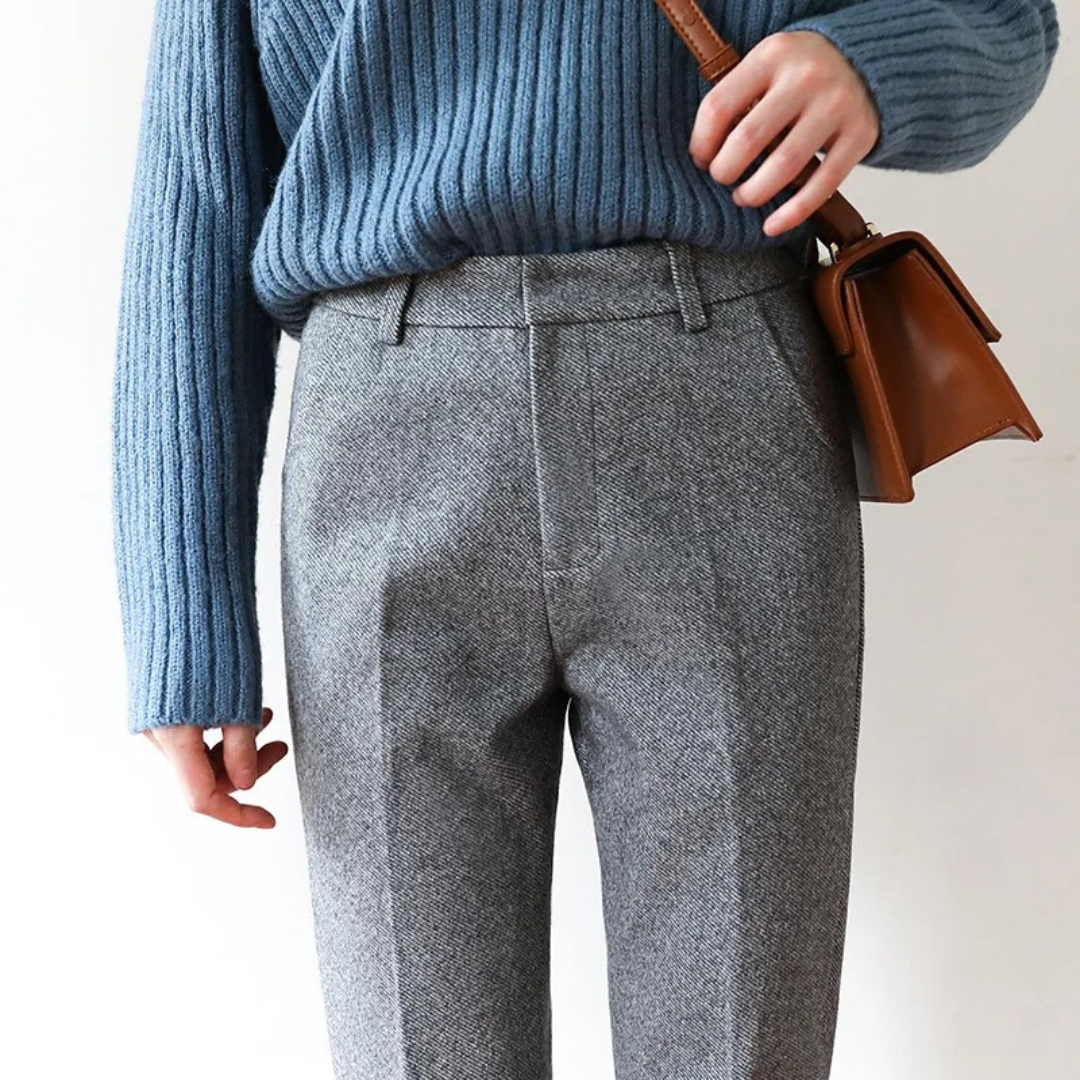 Women's High Waist Trousers with Herringbone Pattern