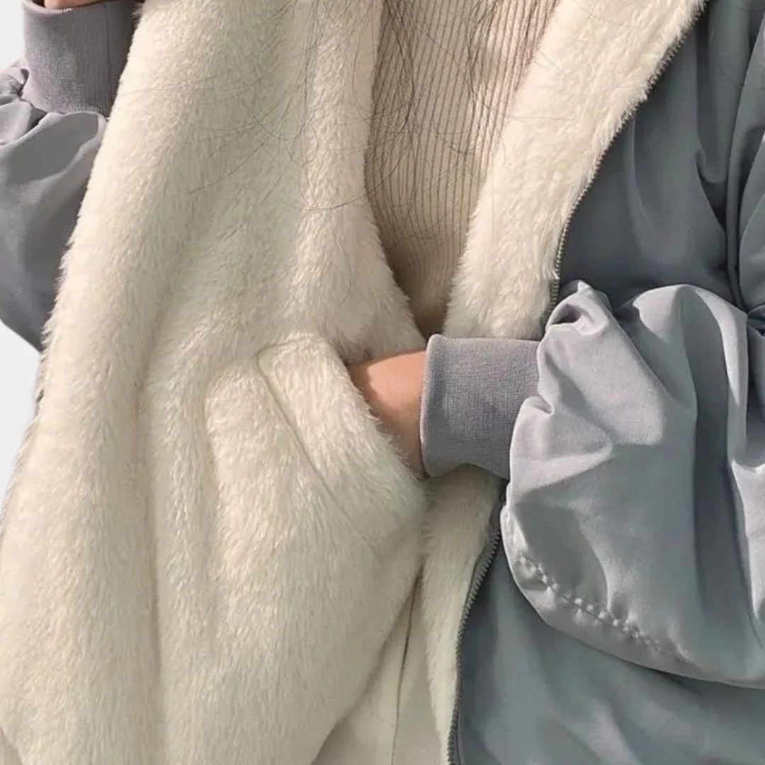 Women's Hooded Bomber Jacket with Sherpa Lining and Zip Front