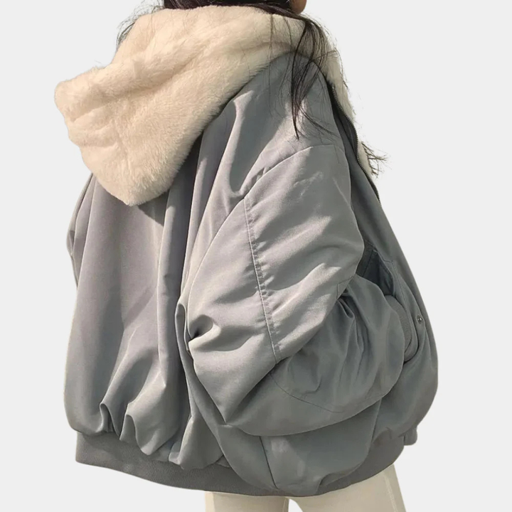 Women's Hooded Bomber Jacket with Sherpa Lining and Zip Front