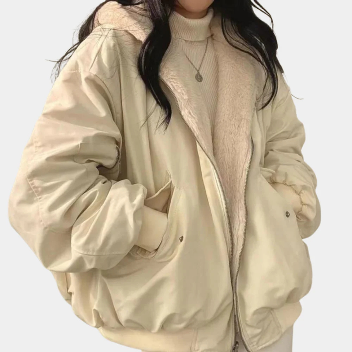 Women's Hooded Bomber Jacket with Sherpa Lining and Zip Front