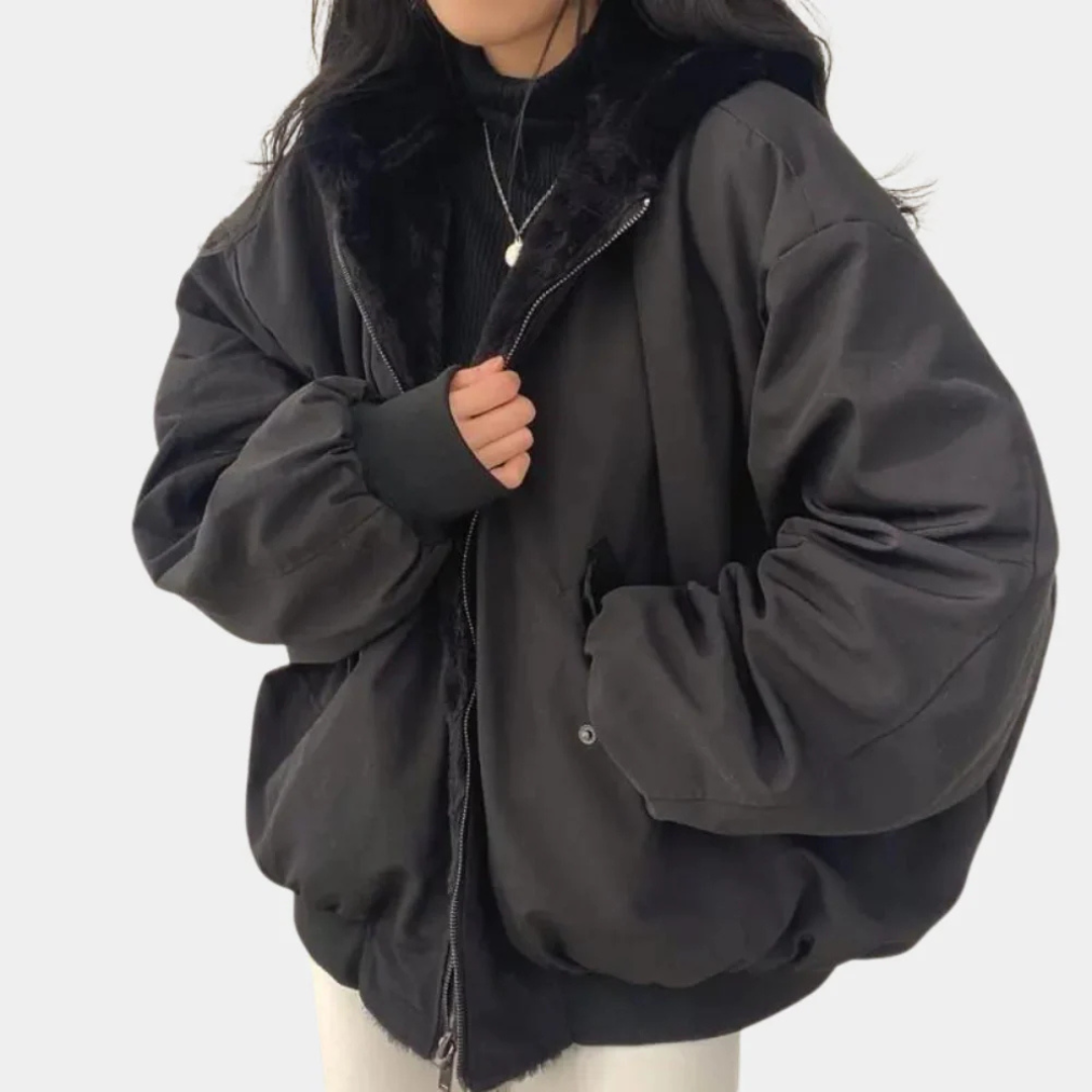 Women's Hooded Bomber Jacket with Sherpa Lining and Zip Front