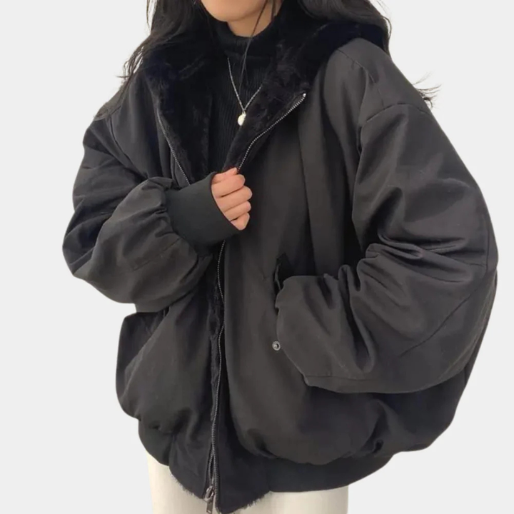 Women's Hooded Bomber Jacket with Sherpa Lining and Zip Front