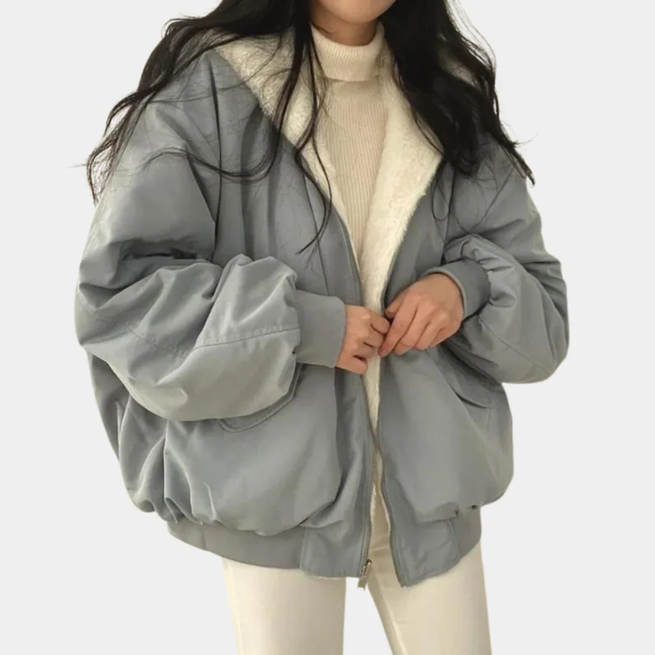 Women's Hooded Bomber Jacket with Sherpa Lining and Zip Front