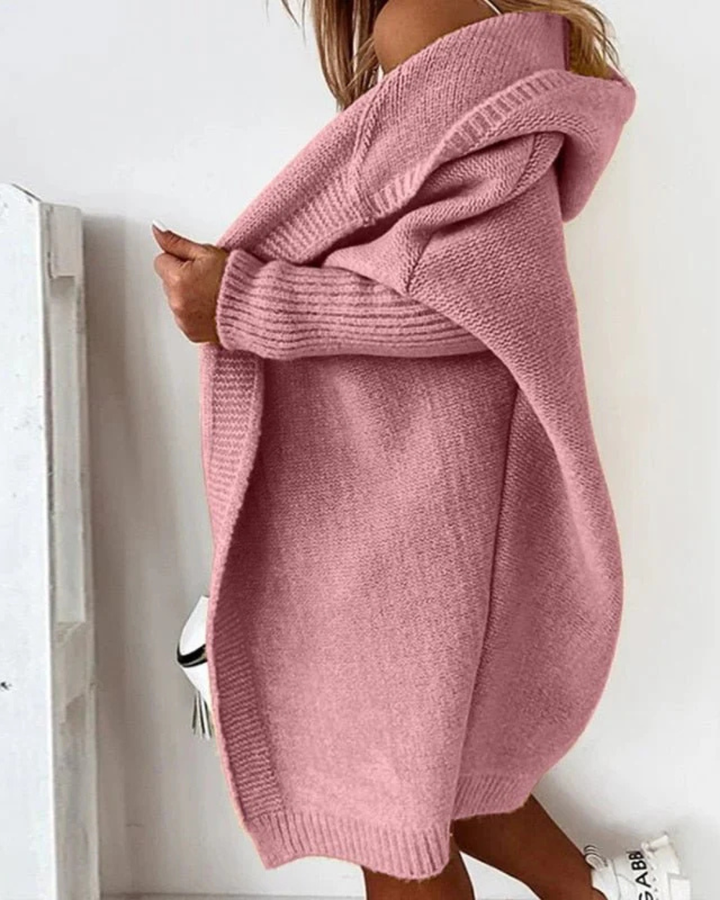 Women's Hooded Cardigan with Open Front and Ribbed Cuffs