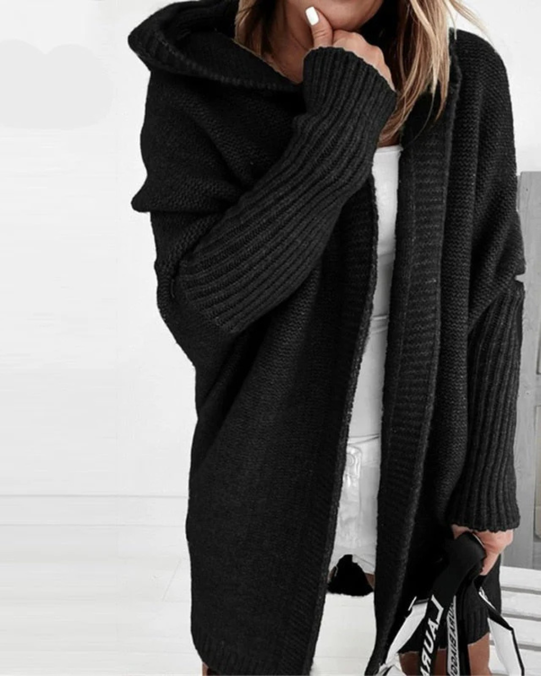 Women's Hooded Cardigan with Open Front and Ribbed Cuffs