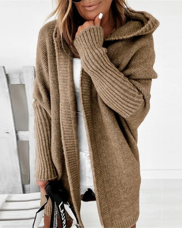 Women's Hooded Cardigan with Open Front and Ribbed Cuffs