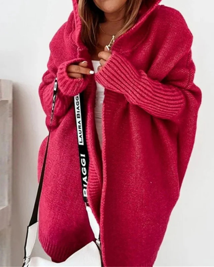 Women's Hooded Cardigan with Open Front and Ribbed Cuffs