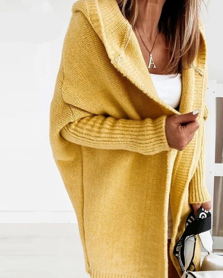 Women's Hooded Cardigan with Open Front and Ribbed Cuffs