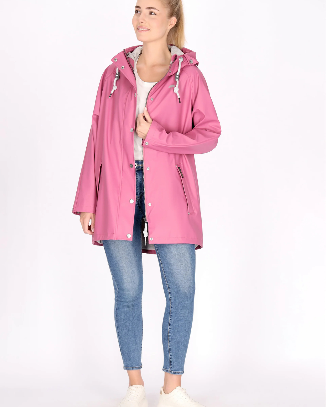 Women's Hooded Jacket with Snap Button Front and Diagonal Pockets