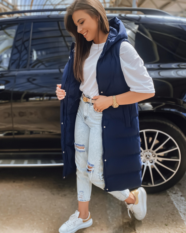 Women's Hooded Quilted Vest with Snap Button Placket and Knee Length Hem