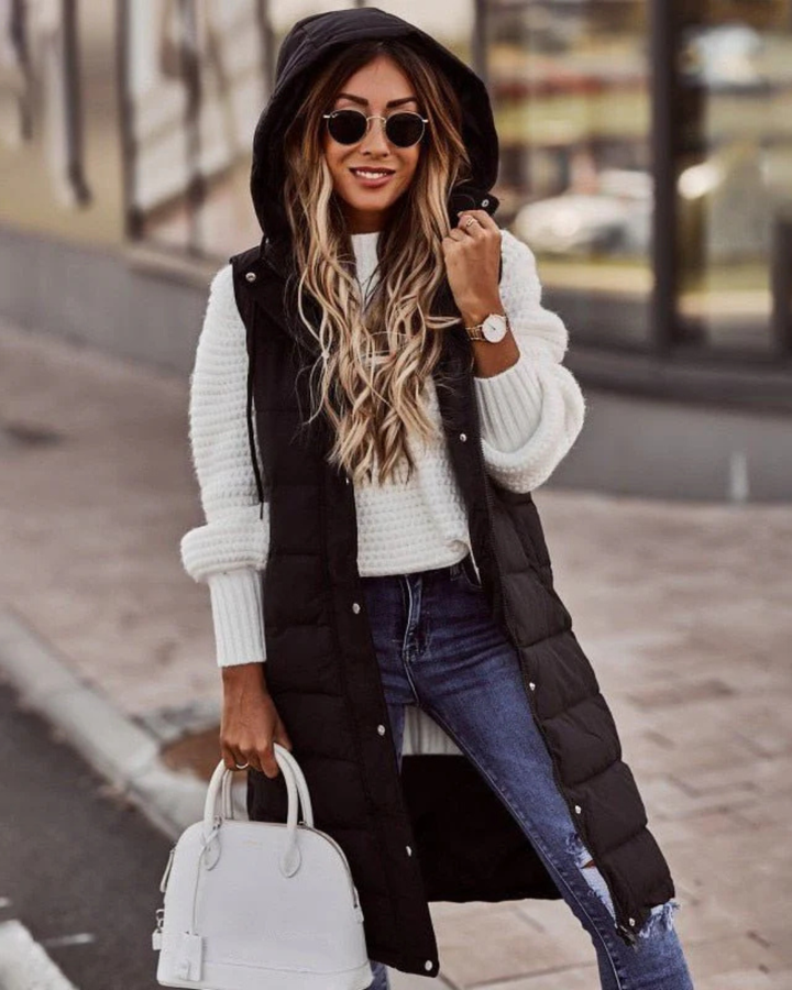 Women's Hooded Quilted Vest with Snap Button Placket and Knee Length Hem