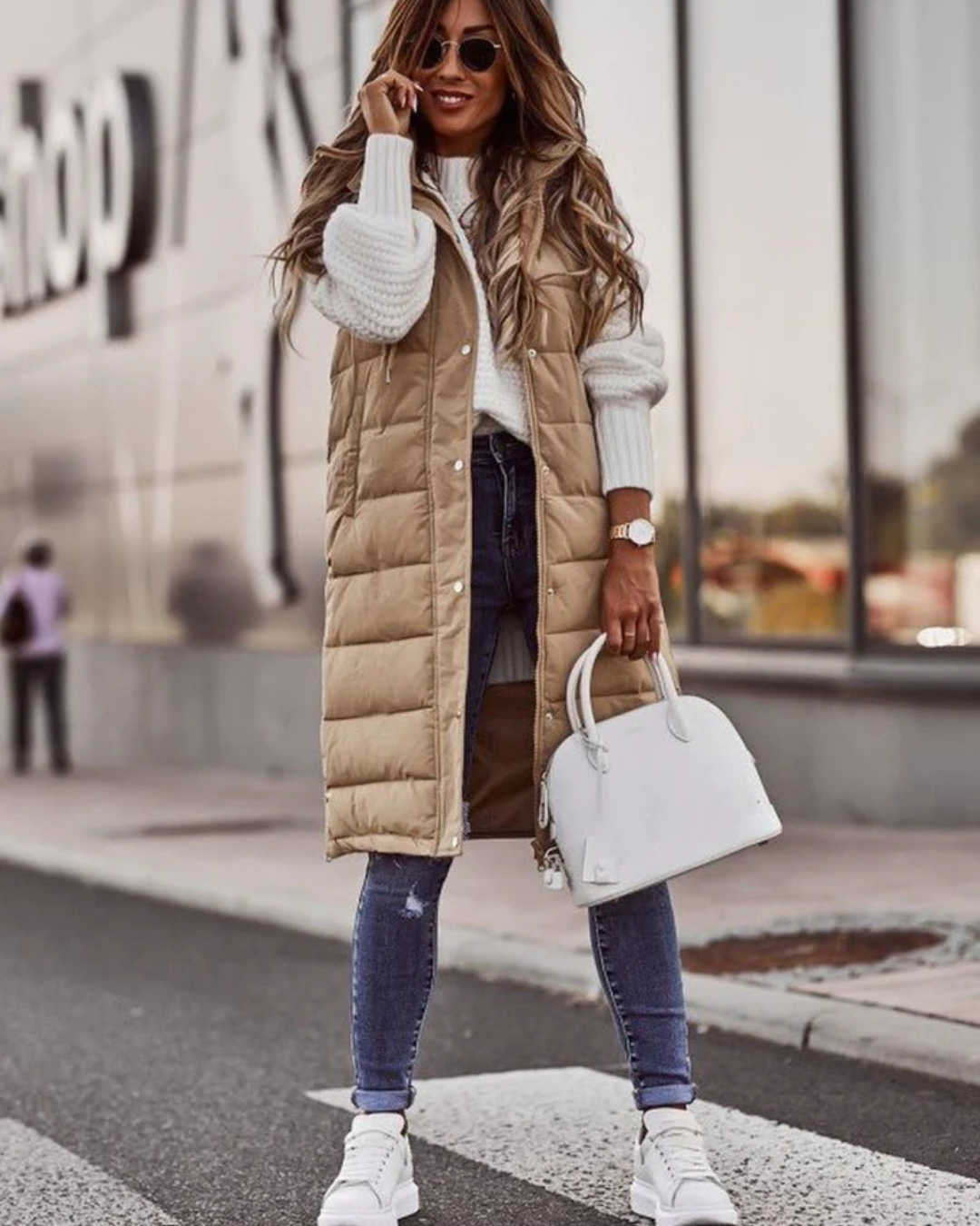 Women's Hooded Quilted Vest with Snap Button Placket and Knee Length Hem