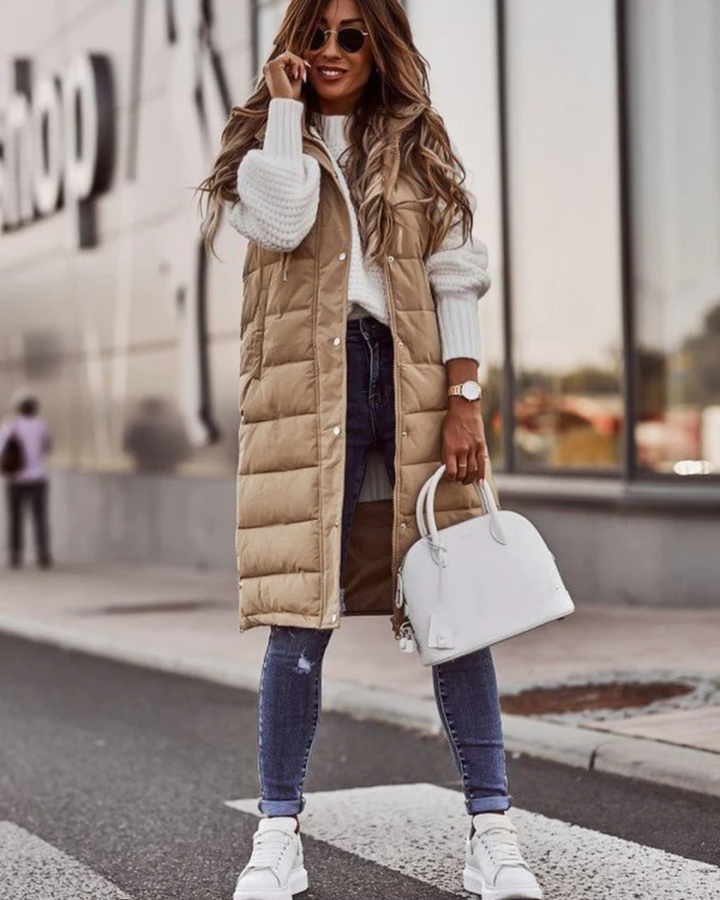 Women's Hooded Quilted Vest with Snap Button Placket and Knee Length Hem