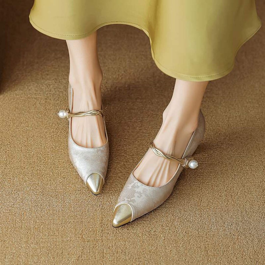 Women's Kitten Heel Pumps with Metallic Pointed Toe and Pearl Ankle Strap