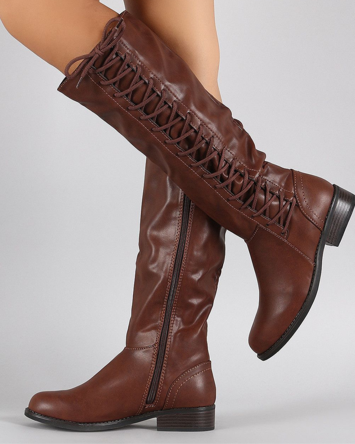 Women's Knee High Boots with Lace Up Front Detail and Side Zip