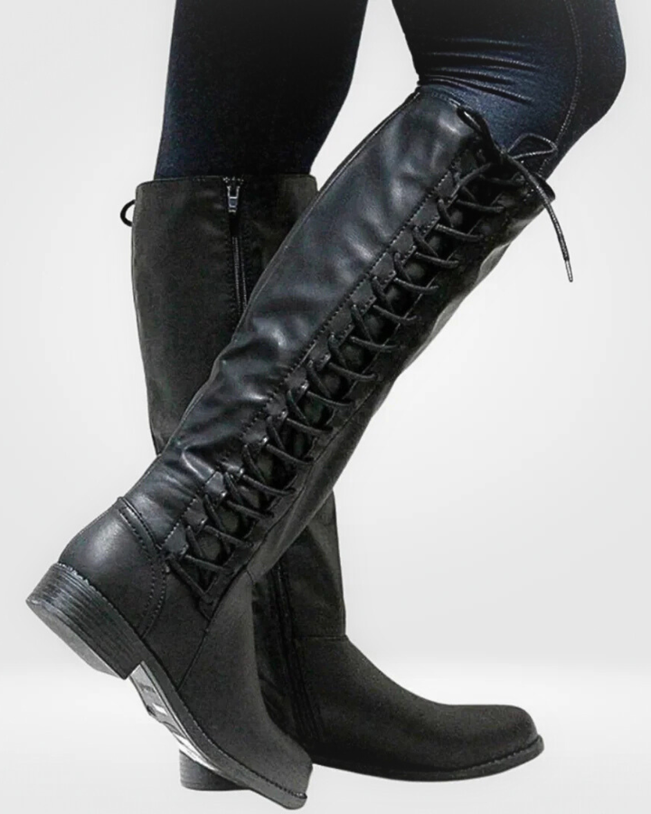 Women's Knee High Boots with Lace Up Front Detail and Side Zip