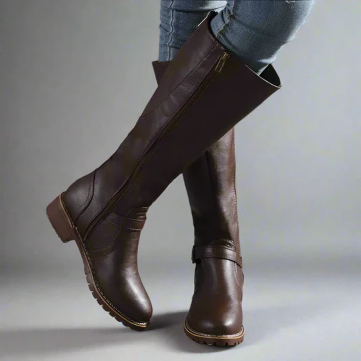 Women's Knee High Boots with Side Zip Closure and Ankle Strap
