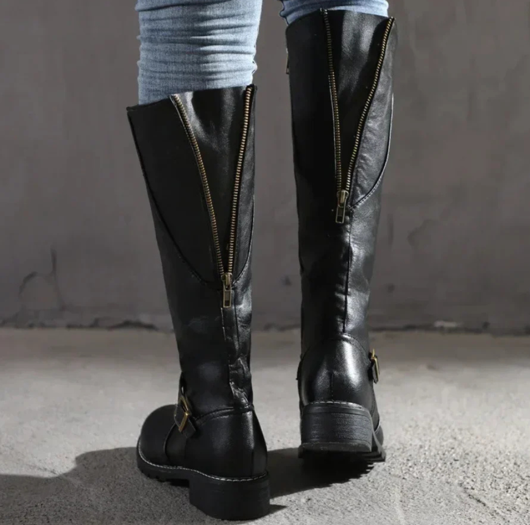 Women's Knee High Boots with Side Zip Closure and Ankle Strap