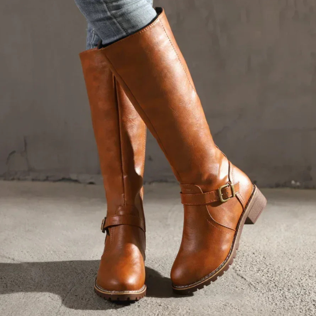 Women's Knee High Boots with Side Zip Closure and Ankle Strap