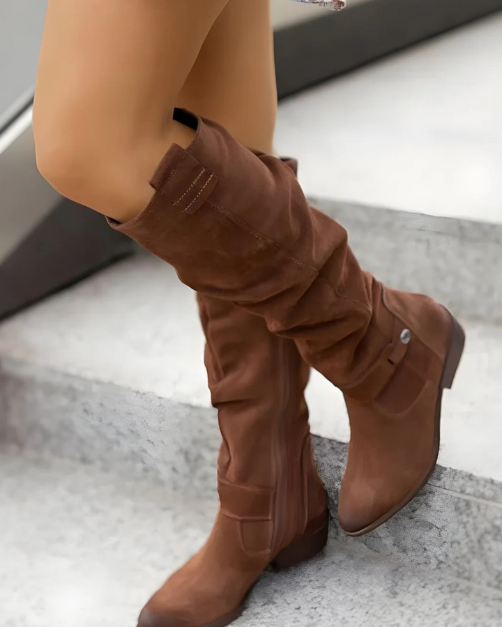 Women's Knee High Boots with Side Zipper and Ankle Strap
