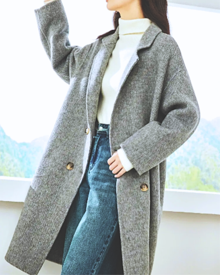 Women's Knee Length Coat with Notch Lapel Collar and Button Front Closure