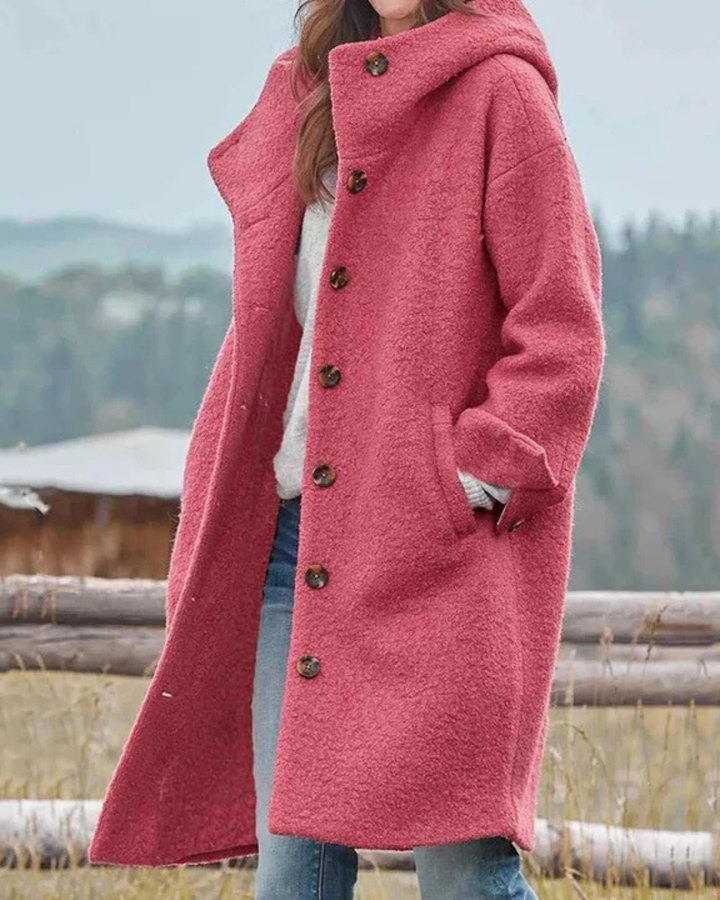Women's Knee Length Coat with Notch Lapel Collar and Button Front Closure