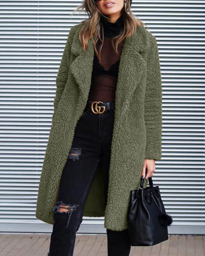 Women's Long Coat with Textured Fleece Exterior and Front Pockets