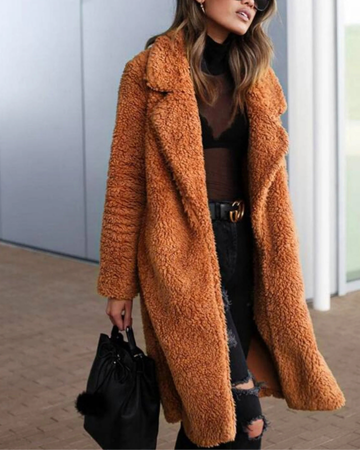 Women's Long Coat with Textured Fleece Exterior and Front Pockets