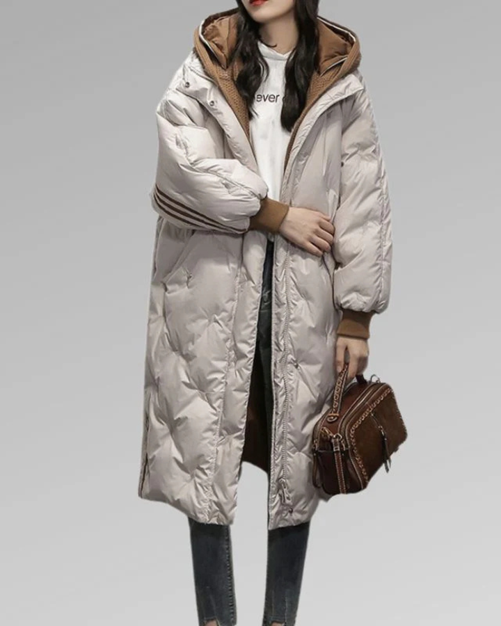 Women's Long Hooded Puffer Coat with Striped Ribbed Trim