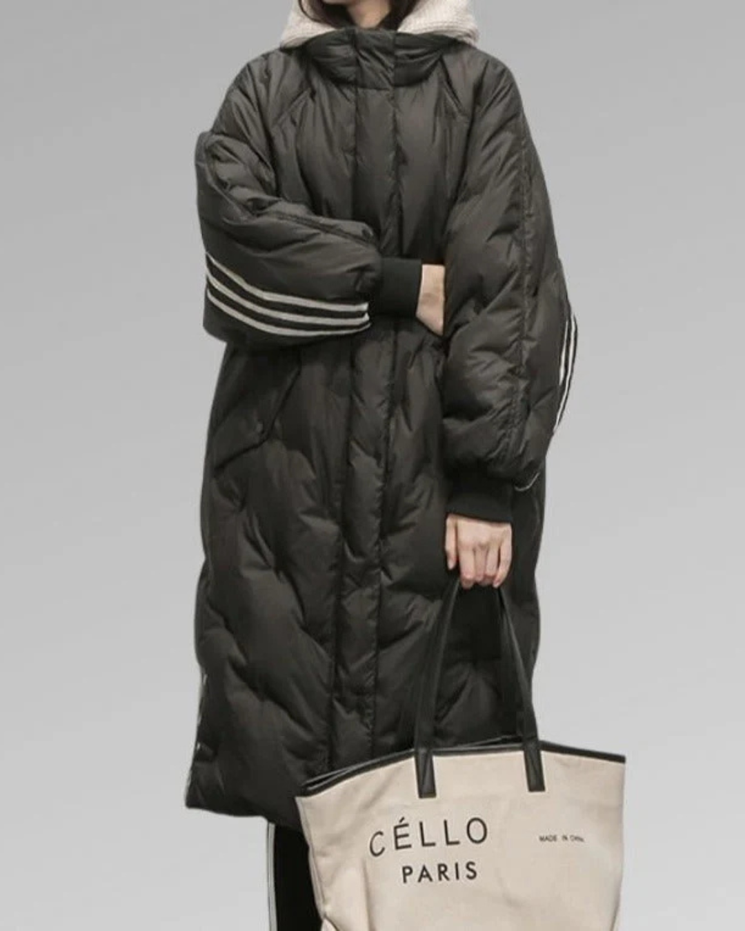 Women's Long Hooded Puffer Coat with Striped Ribbed Trim