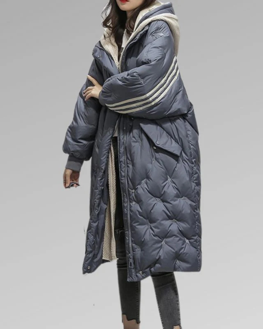 Women's Long Hooded Puffer Coat with Striped Ribbed Trim