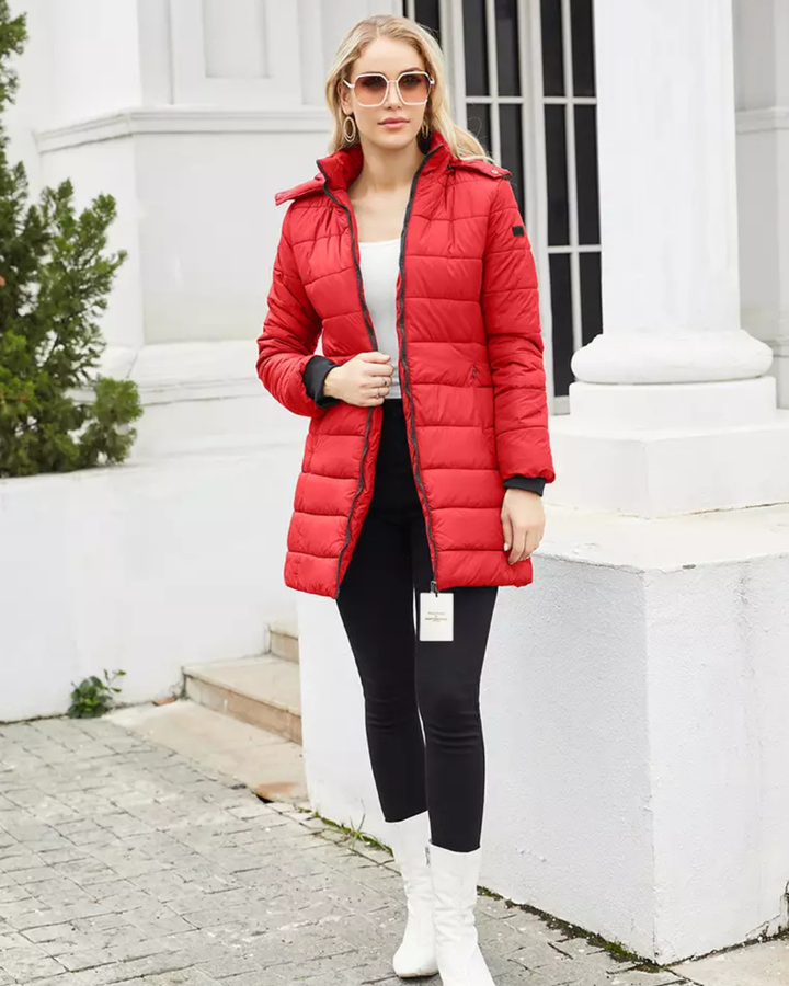 Women's Long Puffer Coat with Attached Hood and Zip Front Closure