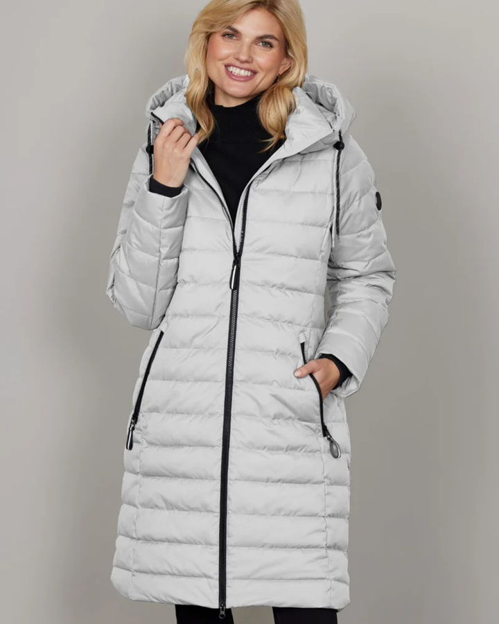 Women's Long Puffer Coat with Attached Hood and Zip Front Closure