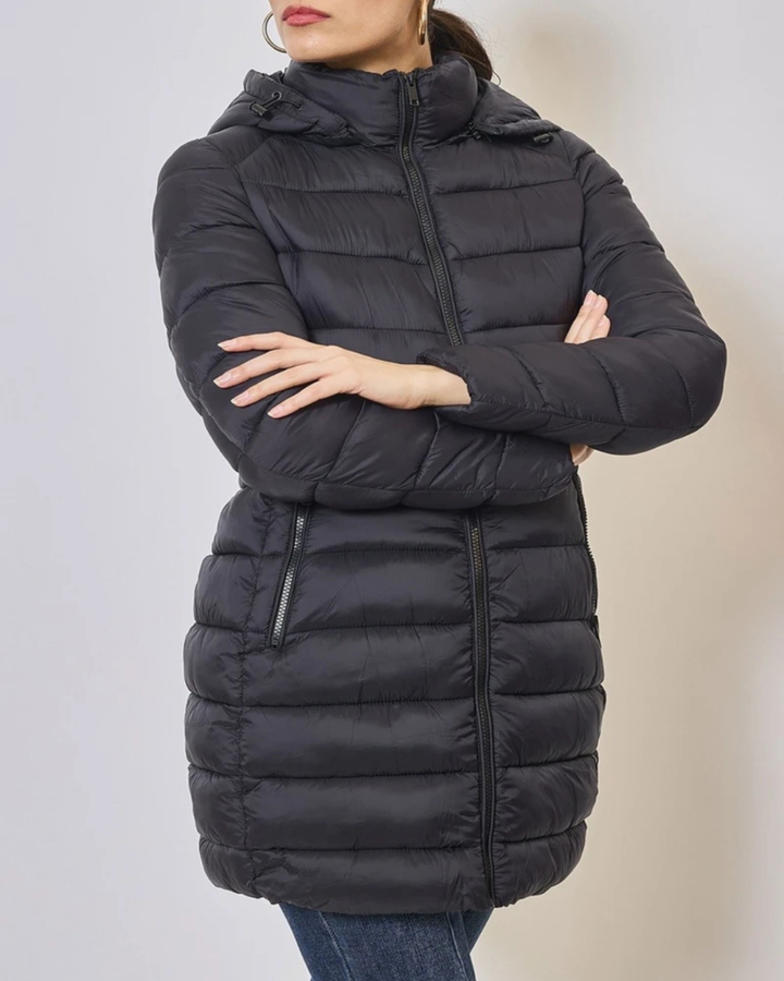 Women's Long Puffer Coat with Attached Hood and Zip Front Closure