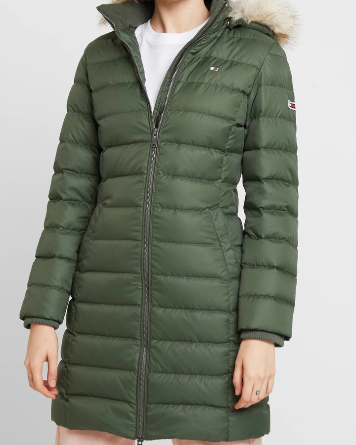 Women's Long Puffer Coat with Attached Hood and Zip Front Closure