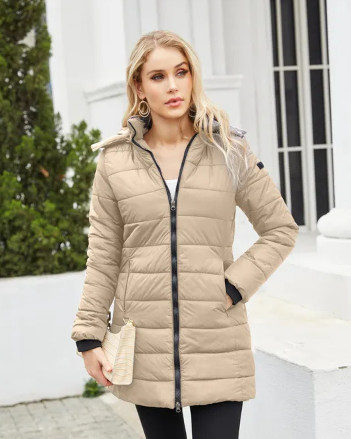 Women's Long Puffer Coat with Attached Hood and Zip Front Closure