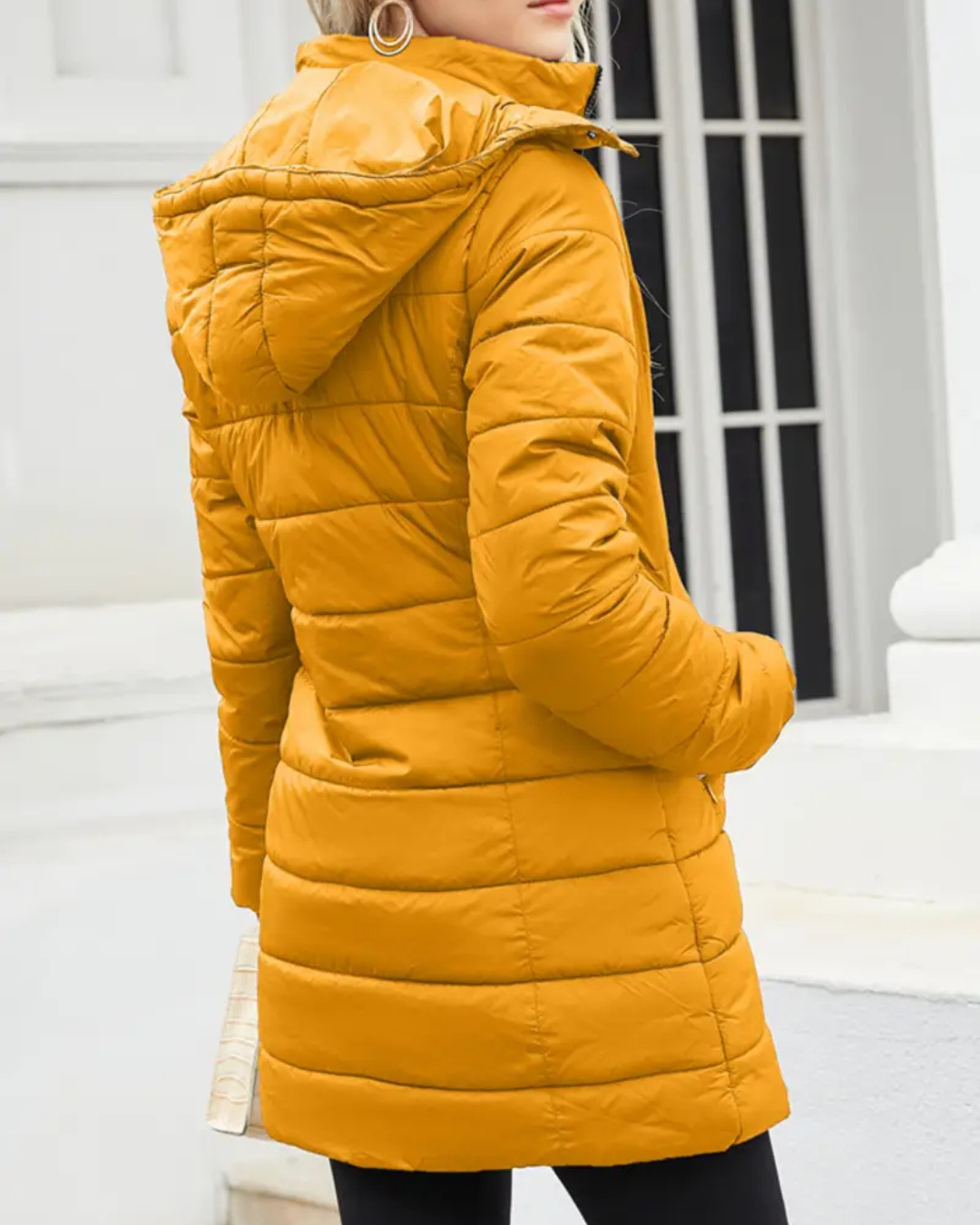 Women's Long Puffer Coat with Attached Hood and Zip Front Closure