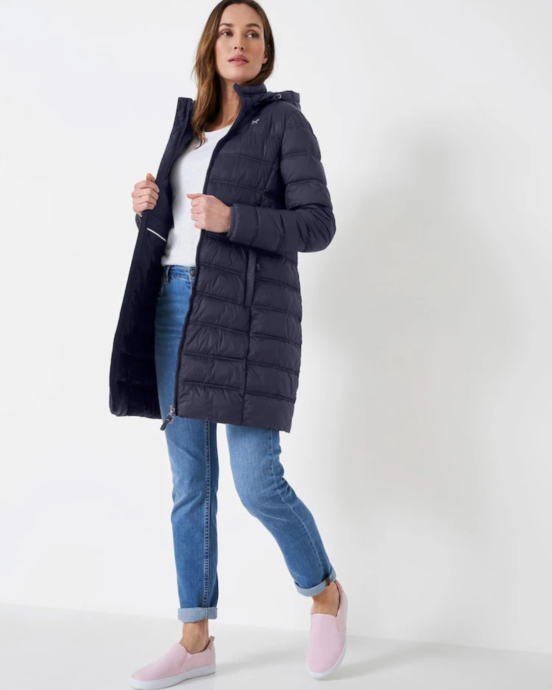 Women's Long Puffer Coat with Attached Hood and Zip Front Closure