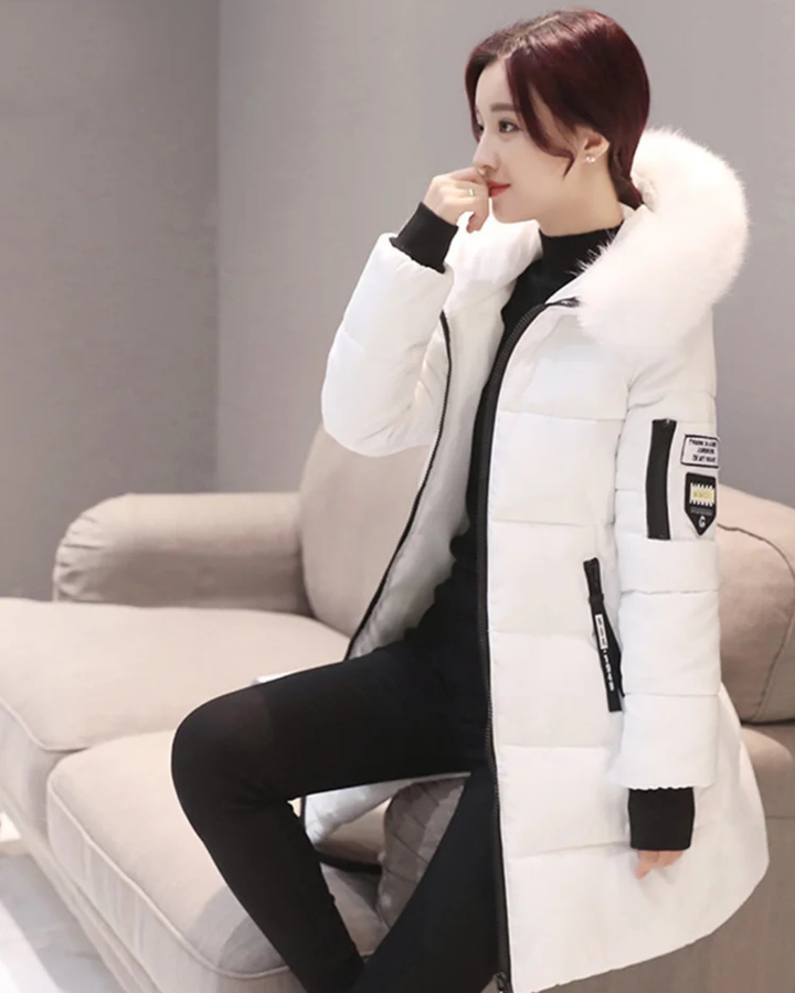 Women's Long Puffer Coat with Detachable Faux Fur Collar and Attached Hood