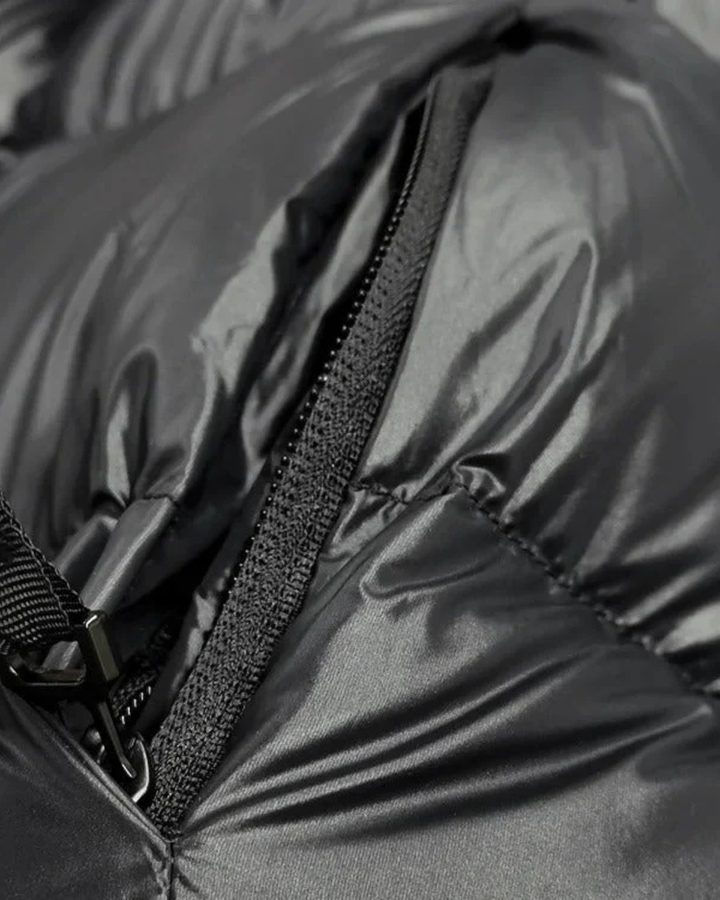 Women's Long Puffer Jacket with Hood and Quilted Panels