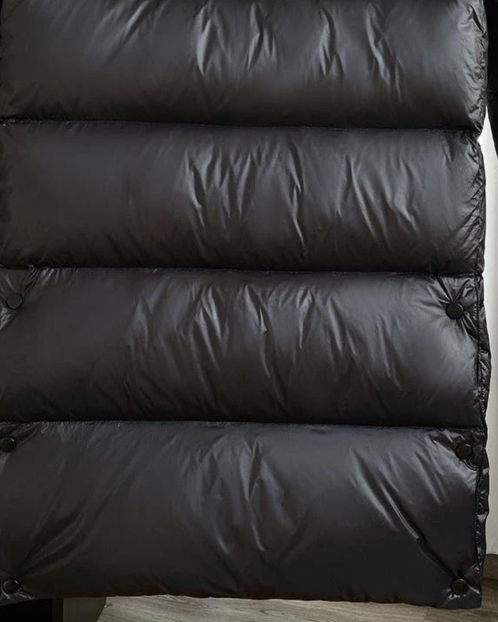 Women's Long Puffer Jacket with Hood and Quilted Panels