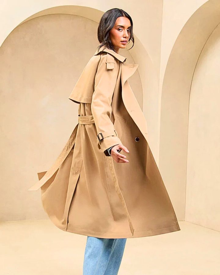 Women's Long Trench Coat with Wide Lapels and Double Breasted Closure