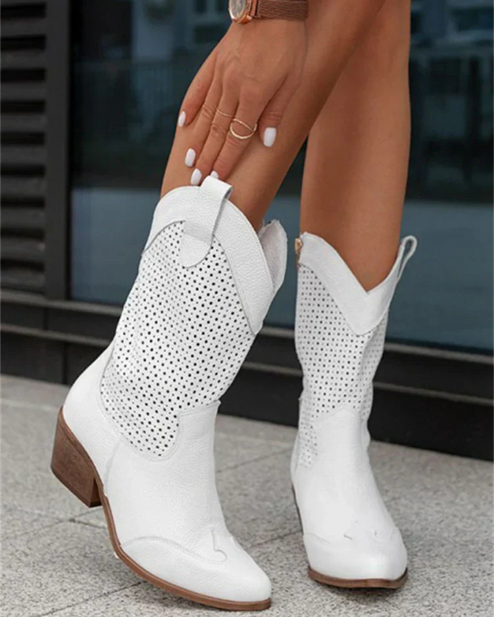 Women's Mid-Calf Boots with Perforated Detail and Side Zipper