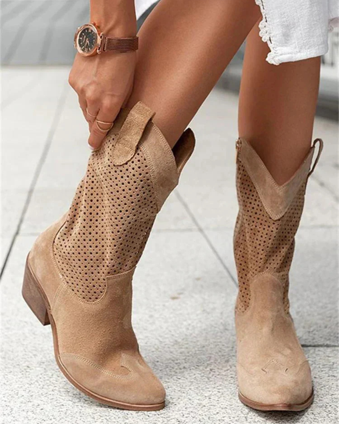 Women's Mid-Calf Boots with Perforated Detail and Side Zipper