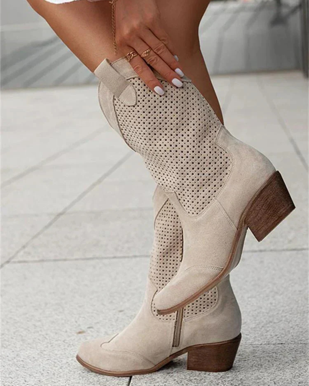Women's Mid-Calf Boots with Perforated Detail and Side Zipper