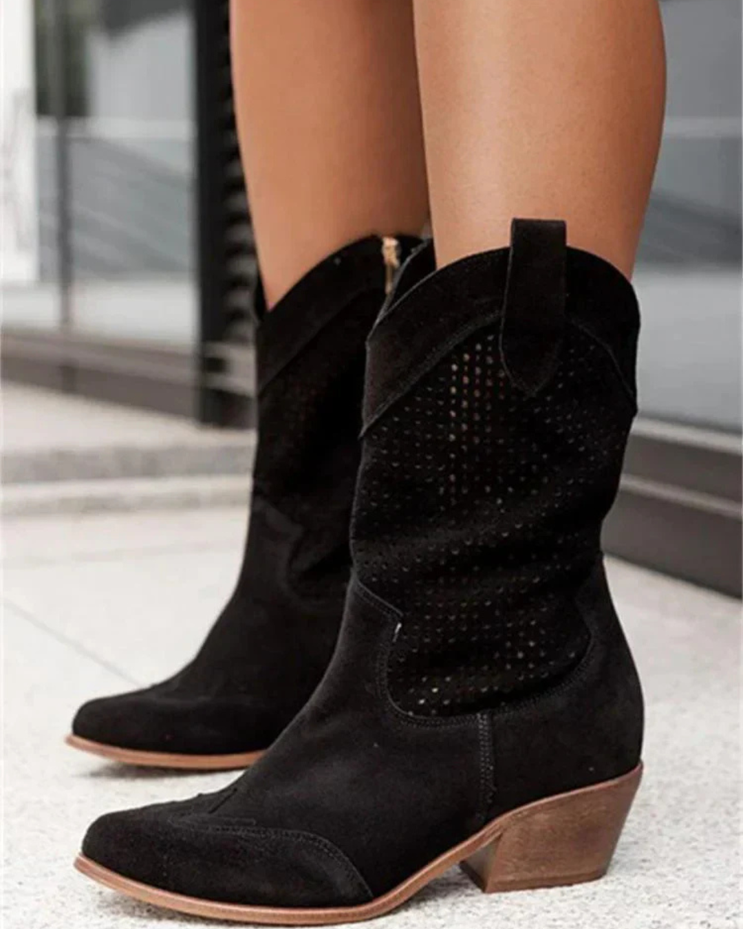 Women's Mid-Calf Boots with Perforated Detail and Side Zipper