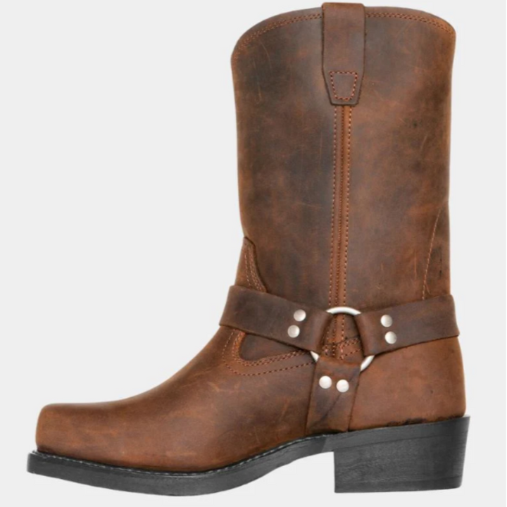 Women's Mid-Calf Harness Boots with Metal Ring Detail and Block Heel